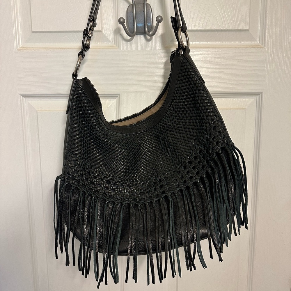 Frye Black Leather Hobo Bag With Fringe
